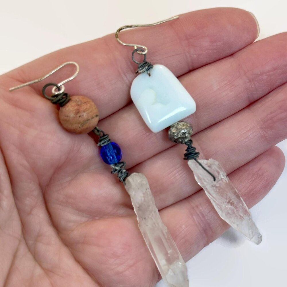 Asymmetrical Earrings, Quartz Crystal, Points, Beads, Pierced, Mixed Material
